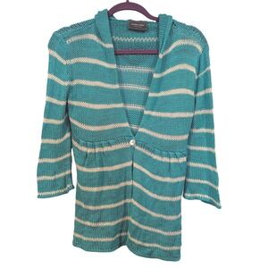 Wooden Ships Turquoise Striped Knit Cardigan Sweater‎ Hooded Cotton Acrylic S/M
